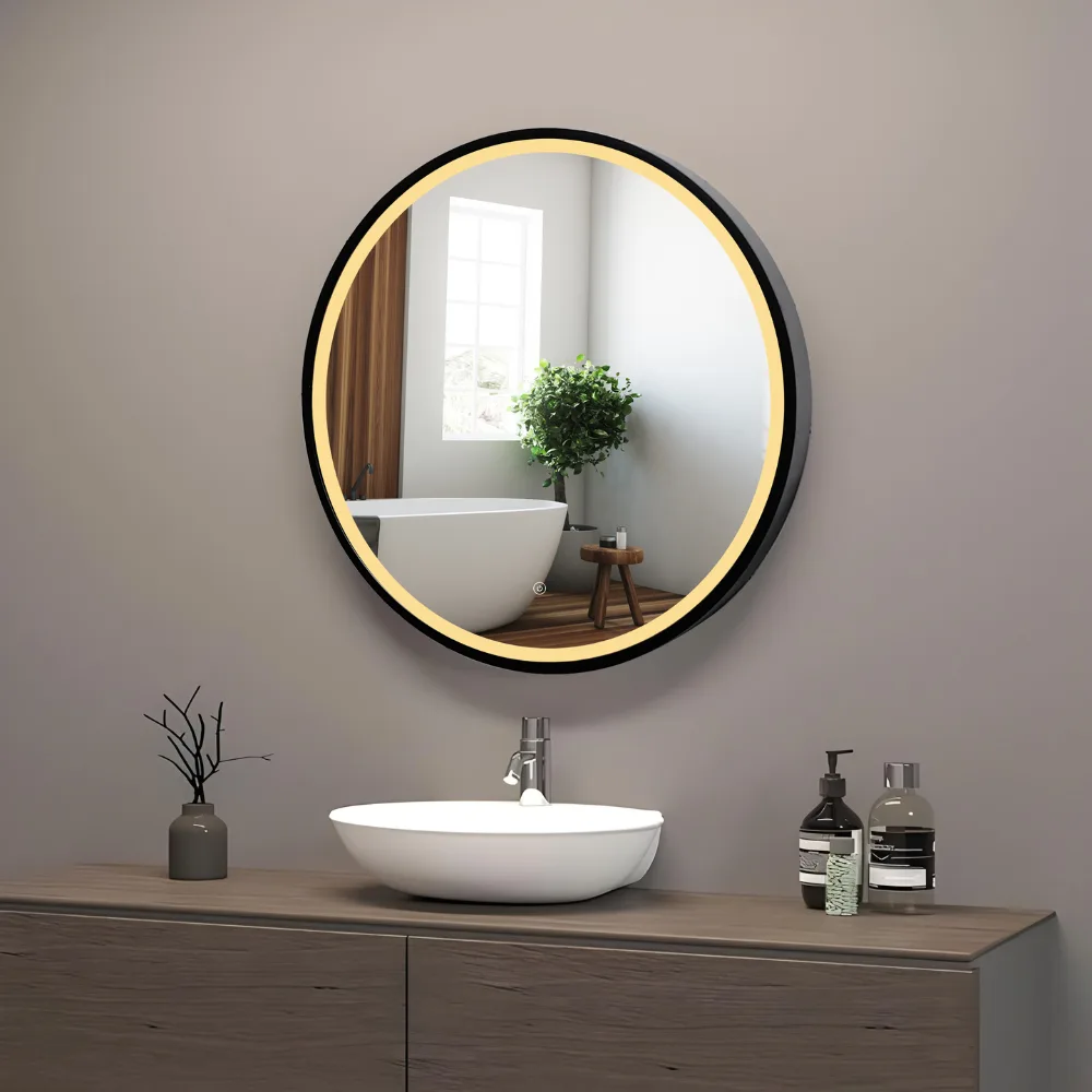 LED Round Bathroom Mirror Matte Black Frame 600x600mm